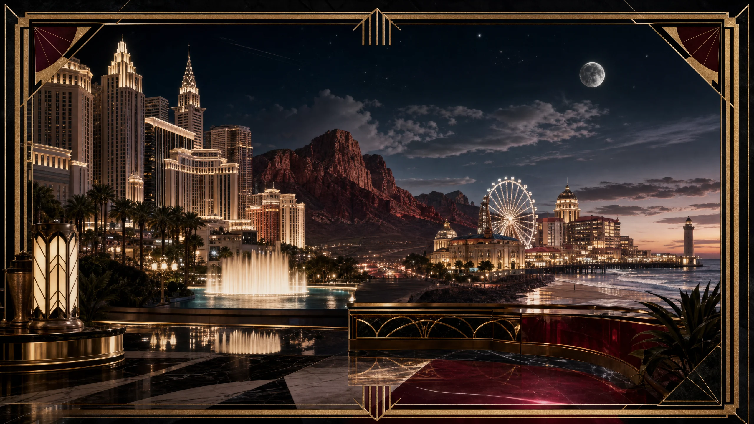 Neo-Deco editorial skyline collage for USA casino hotels